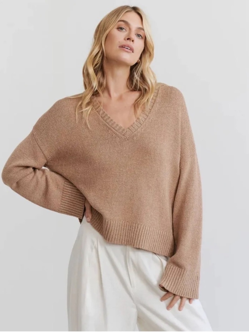 JENNI KAYNE TAN LINEN BLEND V NECK SWEATER SZ M
